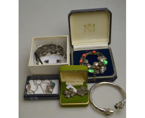 A lot containing Yvonne Christa bangle of filigree flowers set with river pearls etc in box wit authenticity details to/w a g