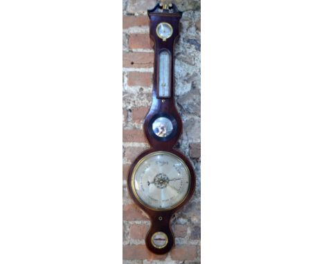 G Jacob, Winchester, a boxwood banded mahogany wheel barometer with silvered dial, thermometer, level and convex mirror, 95 c