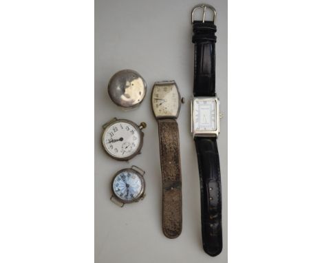 A silver wristwatch with tonneau dial, Glasgow import 1928, to/w a lady's silver wristwatch with bas-taille enamel dial, Lond