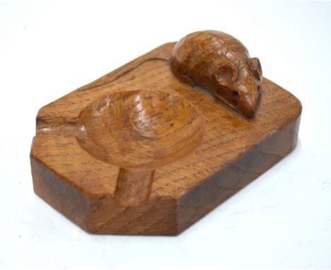 A Thompson of Kilburn 'Mouseman' oak ashtray or pipe stand, carved with the traditional mouse, 10 x 7.5 cm
