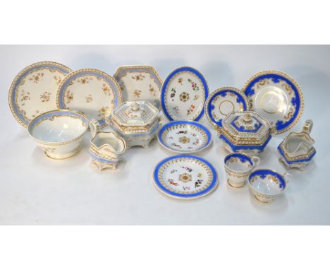 A collection of Ridgway 'hexagonal' teawares, all blue ground, c. 1820's, comprising:  two sugar boxes, two creamers, bowl, t