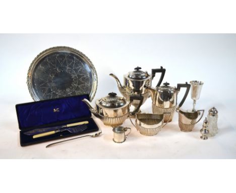 An electroplated half-reeded four-piece tea service with matched coffee pot, to/w an electroplated salver, cased pair of fish