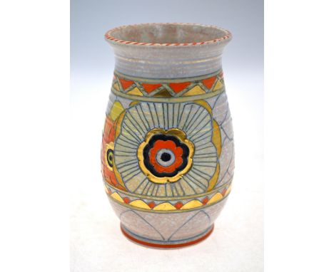 A Charlotte Rhead oviform vase, decorated in orange, black, yellow and gilt with bold petal designs, 'Rhodian' pattern no. 32