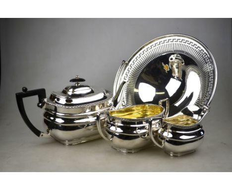 An oblong electroplated three-piece tea service with gadrooned rims William Hutton & Sons, to/w a pierced fruit dish with hin