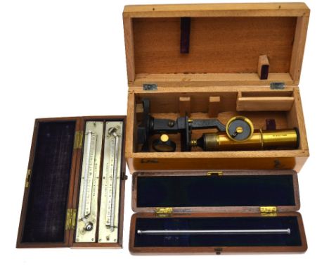 A teak-cased pair of maximum and minimum thermometers by R & J Beck, London, with electroplated scales and boxwood backs to/w