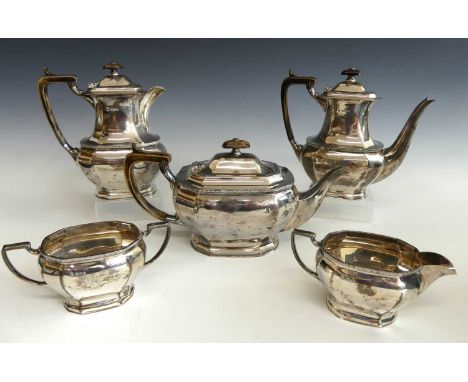 An Art Deco style silver five-piece tea and coffee set, 1960s, comprising; teapot, coffee pot with removable linen strainer, 