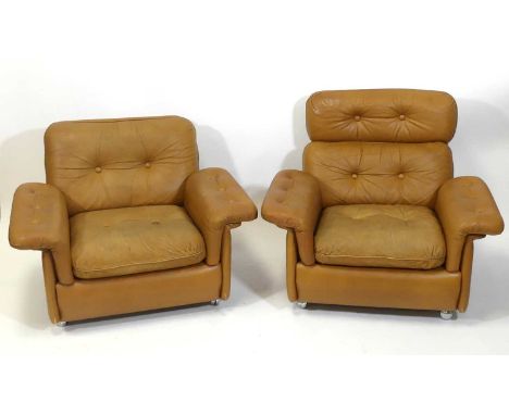 A pair of 1970s lady's and gent's tan leather buttoned armchairs by Skippers Møbler, one being a high-backed gent's version a