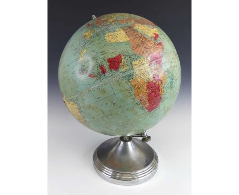A mid-20th century Philips' Challenge 13.5" world globe 'Cartes Taride', raised on aluminium socle with stepped reeded detail