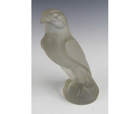 René Lalique (1860-1945) - a frosted and moulded glass falcon car mascot, having raised 'R. Lalique' mark towards base, h.15.