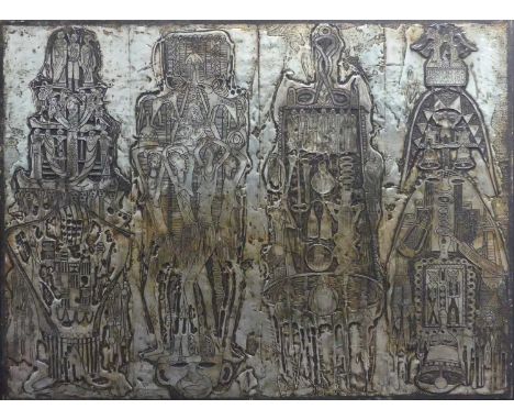 Bruce Onobrakepeya (Nigerian, b.1932) - Oremu Vbo Ogbo Emiovbo Beroma Agogo Tisha, metal foil etching mounted on board, etche