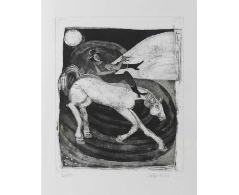 John Kiki (b.1943) - Horse and Rider, etching on wove paper, signed and numbered 21/50 in pencil to the margin, visible sheet