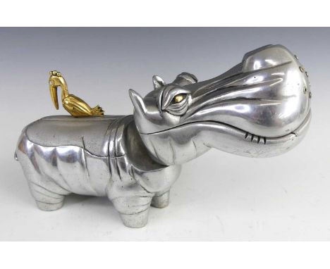 Frank Meisler (1929-2018) - Hippo, cast aluminium surmounted with a gilt metal pelican, with articulated neck and mouth, etch