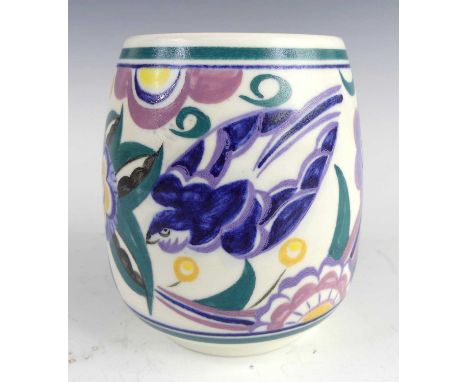 Truda Adams (1890-1958) for Poole Pottery - a circa 1930s footed squat vase, of slightly shaped form, in the Bluebird pattern