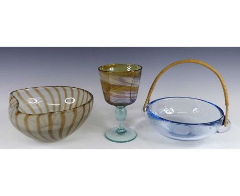 A Murano glass table bowl, one side folded to rim, with brown colourway striped trailing decoration, dia.20.5cm; together wit