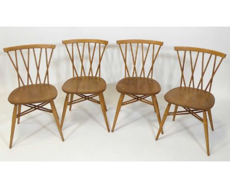 A set of four 1960s Ercol light elm 'Candlestick' kitchen chairs, model No.3462, w.45cmEach structurally sound and complete.G