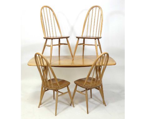 A 1960s Ercol blond elm and beech 'Windsor' model 382 dining table, having rounded corners on square tapering supports, h.71.