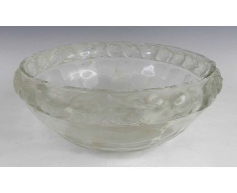René Lalique (1860-1945) - a heavy clear moulded 'Mesanges' fruit bowl, of circular squat faceted form, the upper border deco