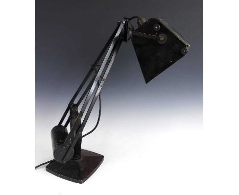 A Hadrill &amp; Horstmann 'Pluslite' black painted metal desk lamp, of counterbalanced adjustable form, with hinged shade, co