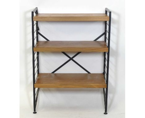 A 1970s Ladderax three-tier squat display shelf, the deep shelves each with raised and rounded front edge with twin black pai