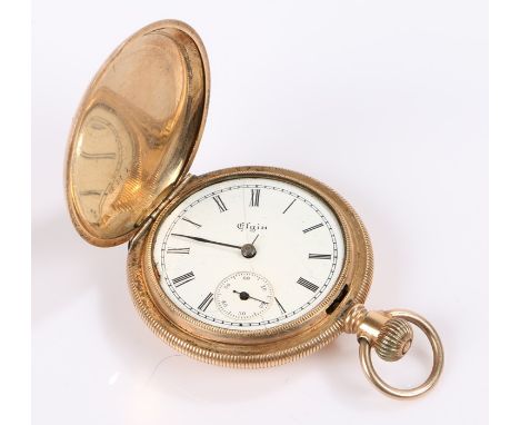 Gold plated hunter pocket watch, with a white enamel dial