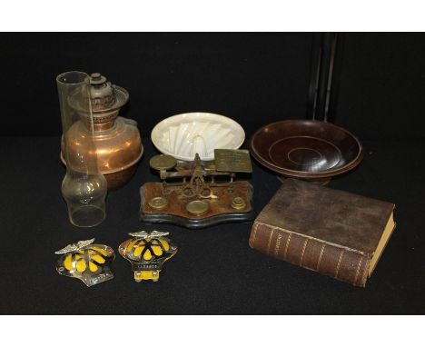 Copper oil lamp, jelly mould, set of postal scales, turned wooden dish, AA badges etc. (qty)