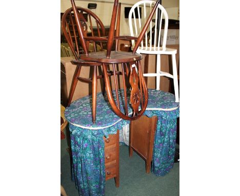 Pair of Ercol dining chairs, with fleur de lys pierced splat backs, solid seats, on turned legs, white painted dining chair, 