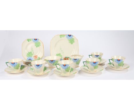 Hancock's Ivory Ware tea service, decorated in the Clarice Cliff style with stylised foliage, consisting of six tea cups, six