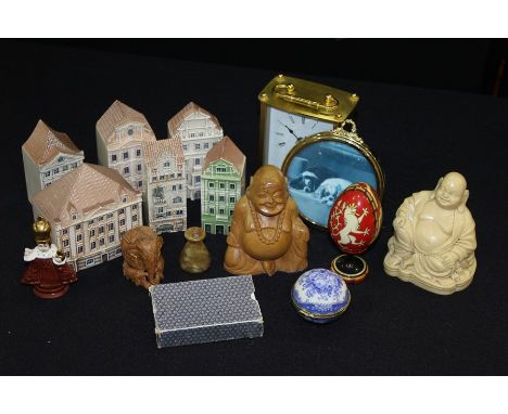 Works of art to include pottery houses, two Buddha, clock etc (qty)