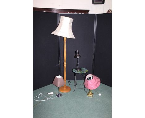 Three lamps, together with a standard lamp and a folding table, (5)