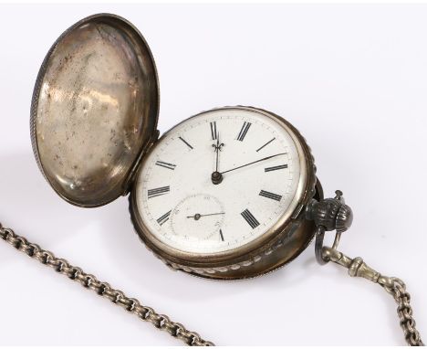 Silver hunter pocket watch, with a white enamel dial and chain attached 