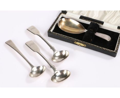 William IV and George III mustard spoons, together with a cased caddy spoon, (4)