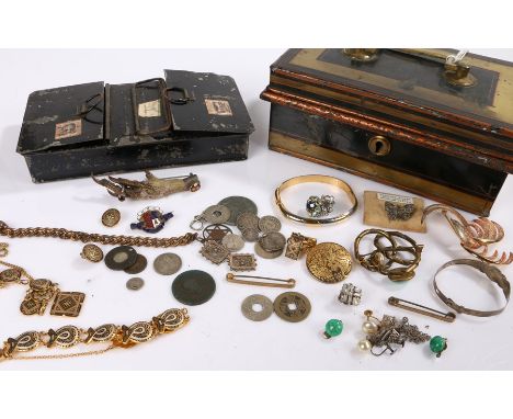 Collection of jewellery and coins, chains, earrings, bangle, silver coins, etc, (qty)