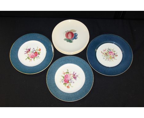 Set of three Royal Worcester plates, with blue edge and flower centre, together with a set of eight Susie Copper fruit plates