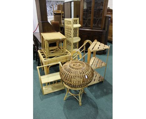 Pine towel rail, nest of three bamboo tables, bamboo corner shelf, pine corner shelf etc. (10)