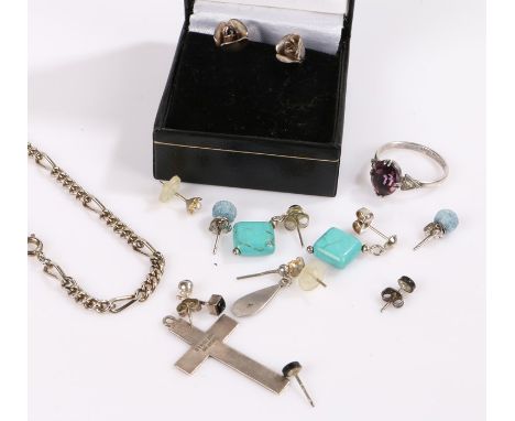 Silver jewellery, to include ear studs, cross, ring, also wit a bracelet and further earrings, (qty)
