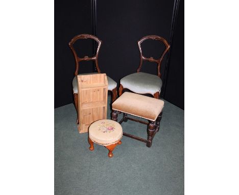 Pair of Edwardian stained beech dining chairs, with over-stuffed seats, pine wall shelf, upholstered circular stool on cabrio