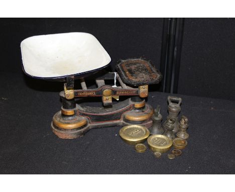 Fairbanks Birmingham iron scales, in black with an enamel dish, together with bells weights and other weights 