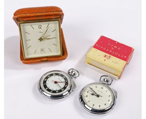 Two Ingersoll stopwatches, one in original box, Imhof travel alarm clock in a brown leather effect folding case (3)