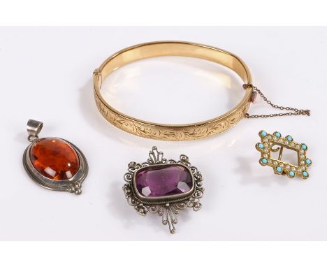 Jewellery, to include a gold plated bangle, two brooches and a pendant, (4)