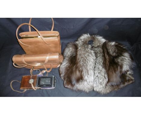 TWO HANDBAGS, LEATHER HIP FLASK, FUR CAPE AND A KODAK CAMERA