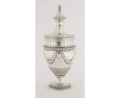 A George III silver sugar vase and cover,  HBpossibly by Philip Freeman, London 1775,of half fluted vase shape on pedestal ci