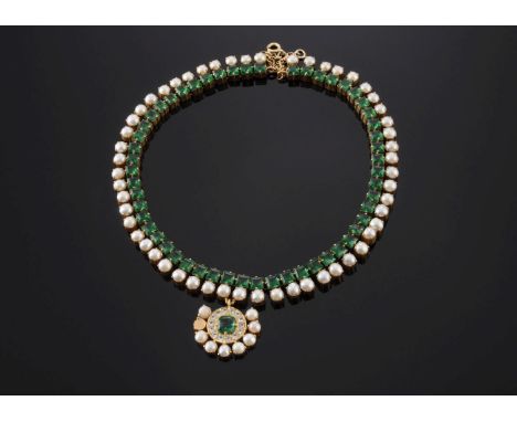 An Indian high carat gold, green paste, synthetic white sapphire and split cultured pearl necklace.A rivière-style necklace c