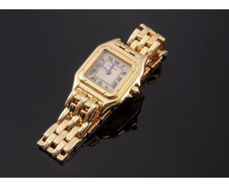 A ladies' 18ct gold Cartier 'Panthère' quartz bracelet watch,with a square white dial, black Roman numerals and blued hands. 