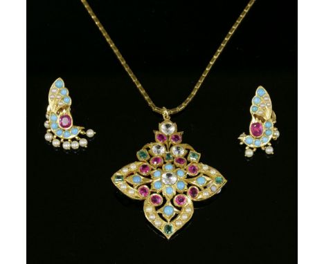 An Indian high carat gold, white zircon, turquoise, ruby, emerald and cultured pearl pendant and earring matched suite,the qu