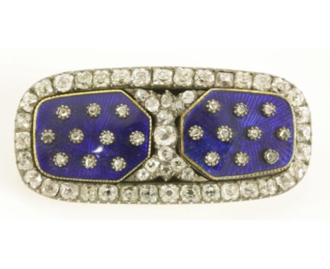A Georgian diamond and enamel set tonneau-shaped brooch, c.1820,with two royal blue enamel plaques, studded with rose cut dia