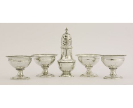 A set of four George III silver salts,maker's mark unclear, possibly for Robert Makepeace, London 1795,of circular form on pe