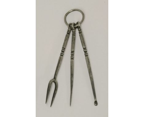 A novelty silver three-piece set,  HBin the 18th century style,comprising:a two-prong fork, a pick and an ear scoop?, on ring