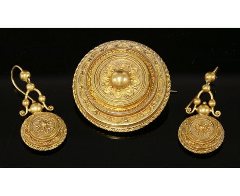 A cased Victorian Etruscan-style brooch and earrings gold suite, c.1870,the shield-style circular brooch with a plain central