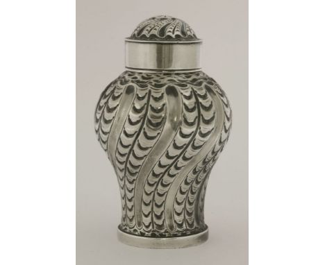 A George II silver tea caddy, maker's mark unidentified, London 1757,of baluster form on circular foot, with spiral fluting i