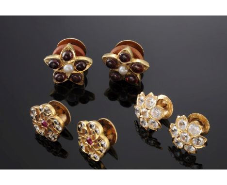 Three pairs of Indian high carat gold cluster earrings,to include a pair of cultured pearl and garnet bead starflower cluster